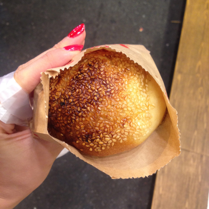 Juicy pork and vegetable bun at Shilin Night Market in Taipei, Taiwan.