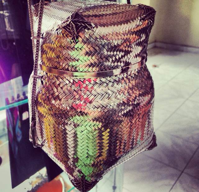 This bag was inspired by a rattan bag used by fisherman. It was handweaved in Bali using strips of silver. The entire bag takes about 6 months to complete and cost more than a billion Rupiah, approximately USD 1,500!
