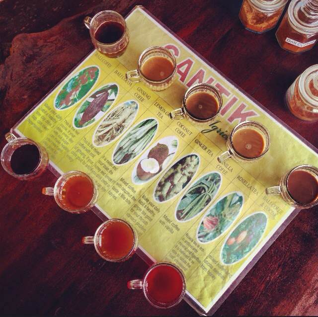 Coffee and tea tasting- Bali coffee, Bali cocoa, ginseng coffee, lemongrass tea, coconut coffee, vanilla coffee, rosella tea and Bali coffee & cocoa.