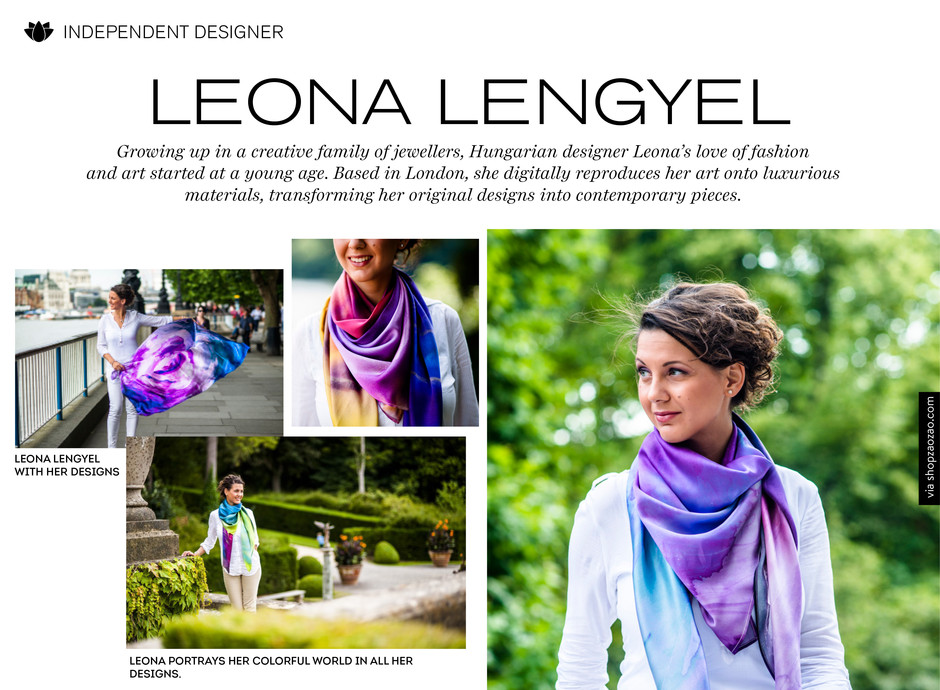 Leona's original oil paintings are digitally reproduced onto luxurious silk satin and chiffon scarves, allowing women to don her beautiful pieces of art.
