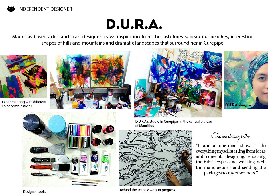 Blending paintings and patterns with illustration and abstract techniques, this Mauritius-based designer creates sophisticated, fresh, wearable pieces of art.