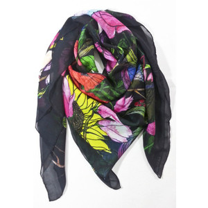 Black Garden Reverie Silk Chiffon Square Scarf
